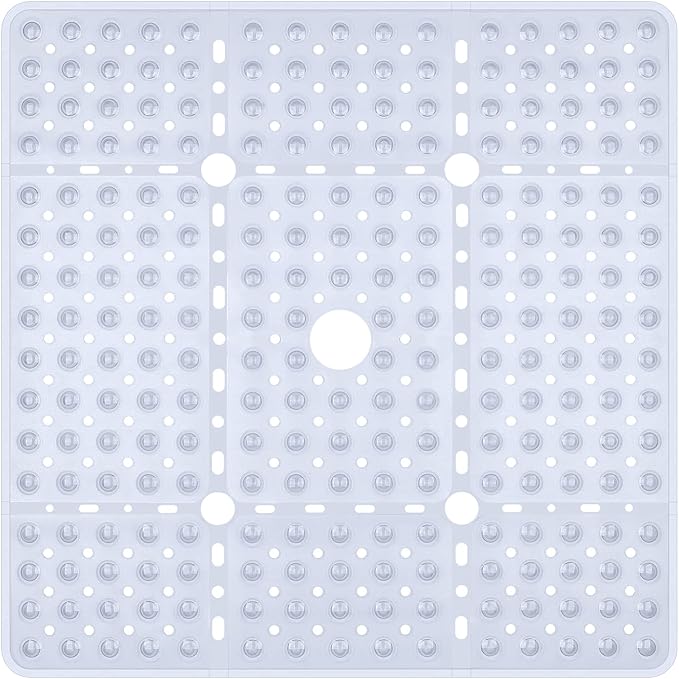 Reetual XL Shower Mat Non Slip - 27x27 Bath Mat for Shower Stall or Large Bathtub Mat with 240 Powerful Suction Cups and Drain Holes. Black Shower Mats for Bathroom (Clear Mat)