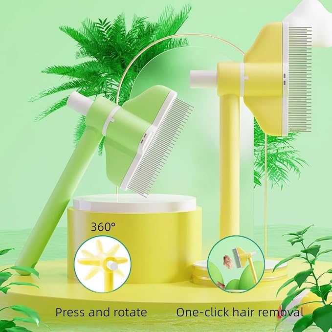 Cat Grooming Brush with 360° Rotating Head - Flea Comb & Hair Removal Brush for Indoor Cats, Anti-Static Stainless Steel Teeth & Ergonomic Grip Deshedding Care (Green and Yellow)