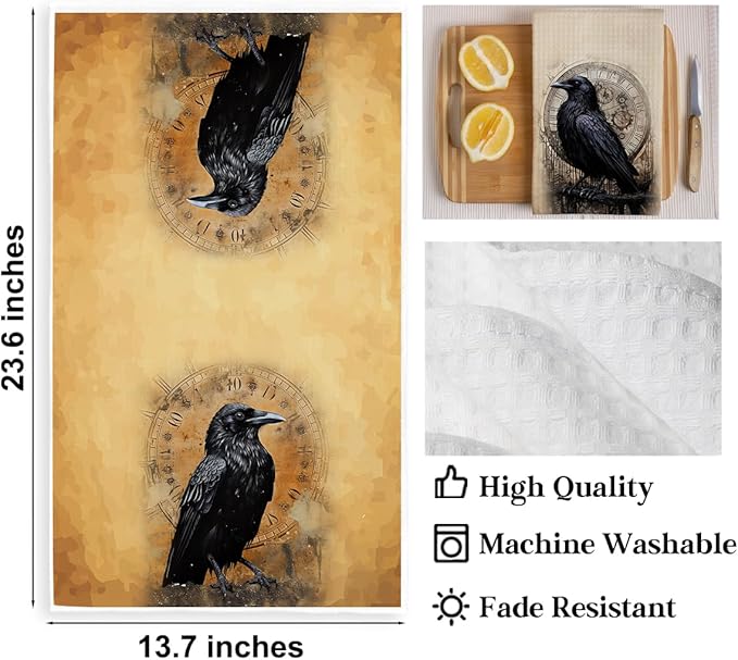 2 Pcs Gothic Raven Kitchen Towels, Vintage Clock Decorative Absorbent Microfiber Dish Cloth Tea Towel, Artistic Waffle Soft Hand Towels for Farmhouse Home Bathroom Kitchen