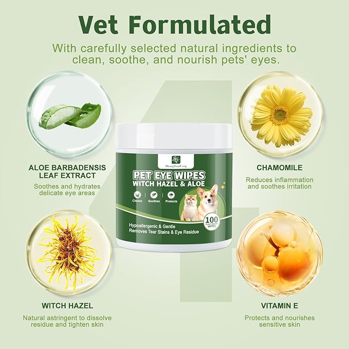 Dog eye wipes (100 Count*2Pack） for Dogs & Cats -Fragrance-Free, Vet-Tested Formula for Sensitive Skin | Tear Stain Remover & Gentle Bath Alternative | Hypoallergenic & Enriched with Oatmeal