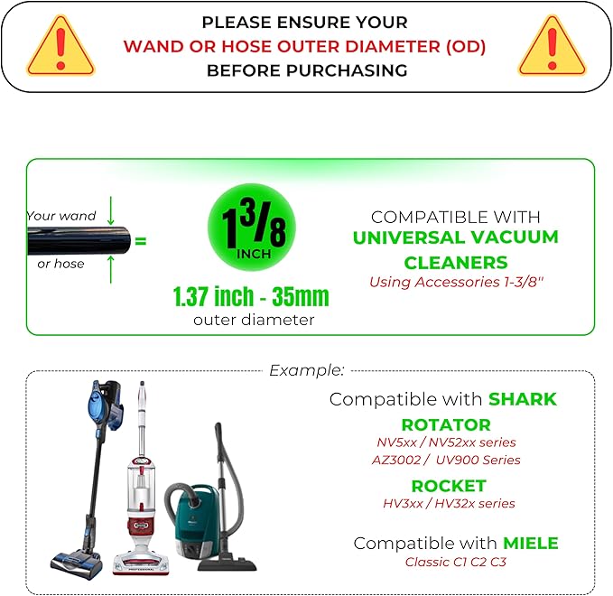 1-3/8'' Vacuum Brush Attachments for Shark, Miele & Most Canister/Handheld Vacuums – Crevice Tool, Upholstery & Horsehair Dusting Brushes - Pet Hair Removal Attachment