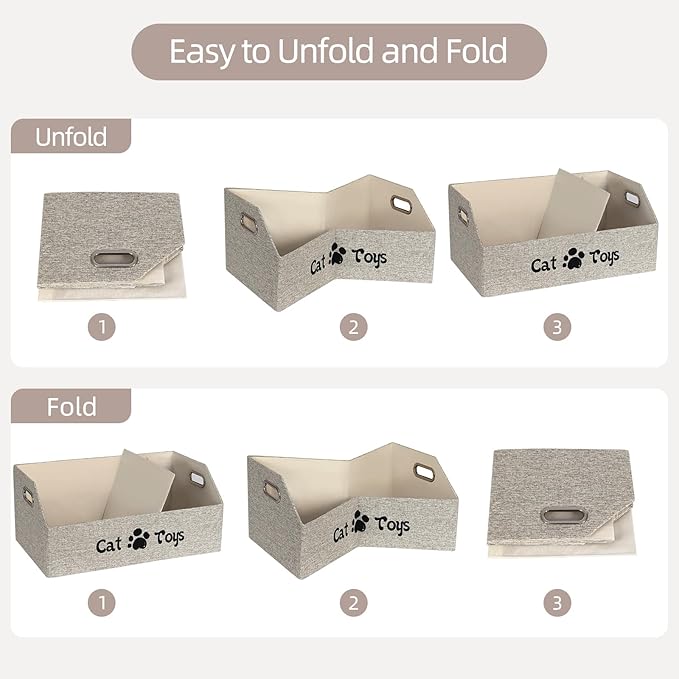 Cat Toy Basket, Kitten Toys Storage Organizer Foldable Fabric Bin Pet Supplies Chest Holder Trapezoid Container with Metal Handles for Organizing Cats Clothes Accessories, Beige