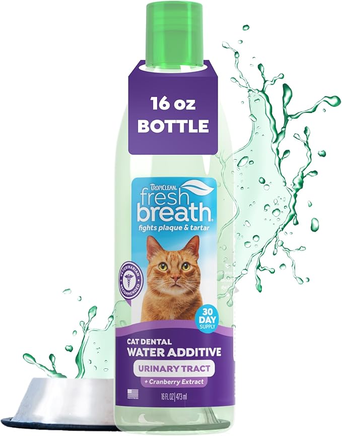 TropiClean Fresh Breath Cat Dental Water Additive + Urinary Tract Support, with Cranberry Extract, Teeth Cleaning & Breath Freshener Solution, 16oz