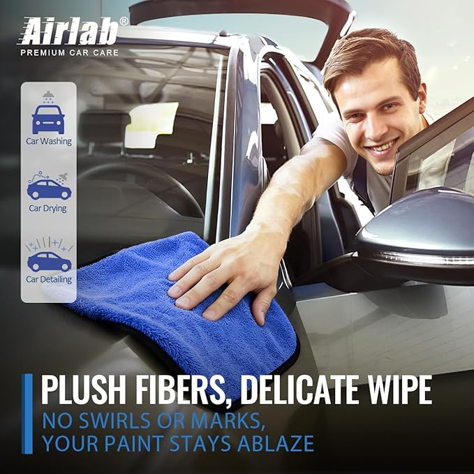 Airlab Microfiber Towels for Cars Wash Drying Thick Plush Cleaning Cloth Auto Detailing Super Absorbent for Interior & Exterior Lint Free, Streak Free, 16" X 16", 800 GSM, Pack of 4
