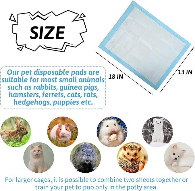 Tfwadmx 100 Pcs Rabbit Pee Pads Disposable Cage Liners Leak-Proof Super Absorbent Potty Training Pad for Puppy Guinea Pigs Hedgehog Hamsters Chinchillas Cats and Other Small Animals