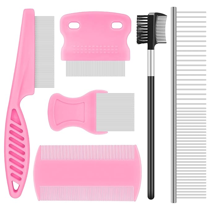 6-Pack Flea Comb for Dogs and Cats, Fine & Wide Tooth Stainless Steel Lice Comb, Tick Removal Tool, Tear Stain Remover, Dematting Brush - Professional Pet Grooming Kit for All Types of Pets