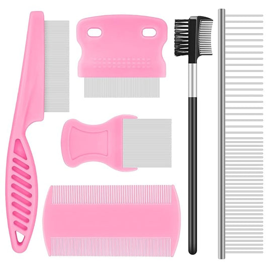 6-Pack Flea Comb for Dogs and Cats, Fine & Wide Tooth Stainless Steel Lice Comb, Tick Removal Tool, Tear Stain Remover, Dematting Brush - Professional Pet Grooming Kit for All Types of Pets
