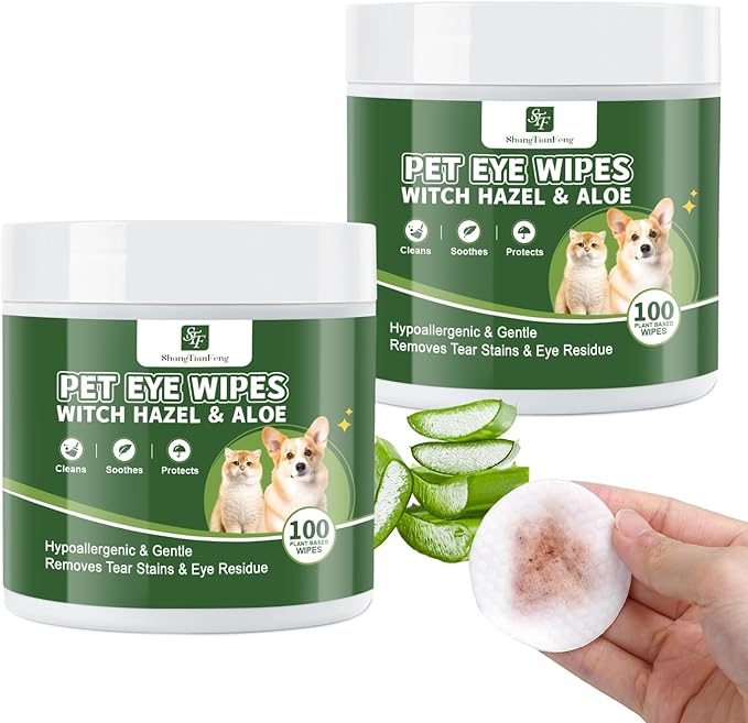 Dog eye wipes (100 Count*2Pack） for Dogs & Cats -Fragrance-Free, Vet-Tested Formula for Sensitive Skin | Tear Stain Remover & Gentle Bath Alternative | Hypoallergenic & Enriched with Oatmeal