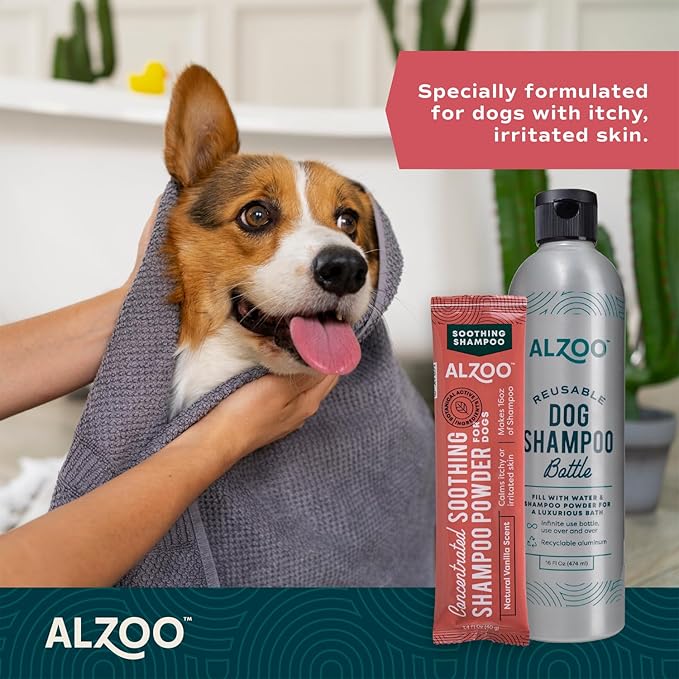 ALZOO Concentrated Soothing Shampoo Powder for Dogs, Calms Itchy or Irritated Skin, 100% Plant-Based Active Ingredients, Natural Vanilla Scent, Pack of 2