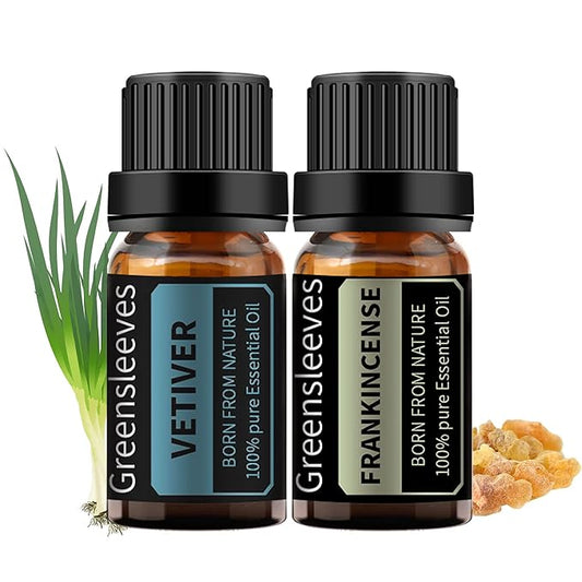 GREENSLEEVES Frankincense Vetiver Essential Oil Set, 2 x 10ml Pure Plant-Based Fragrance Oil for Aromatherapy, Essential Oils for Diffuser, Massage, Bath Bomb, Scented Candle Soap Making