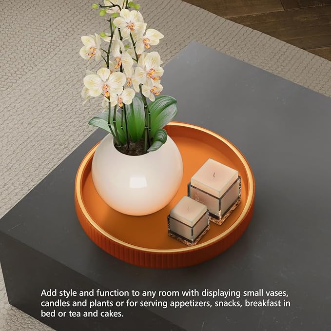 SANZIE Leather Tray Desktop Storage Organizer - Premium Serving & Decorative Tray for Sundries, Cosmetics, Phone, Wallet & Cutlery - Circle, Orange