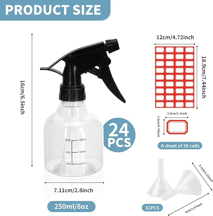 24 Pack 8 Oz Plastic Spray Bottles for Cleaning, Empty Clear Spray Bottles With Adjustable Head Sprayer, 8 Oz Small Plastic Spray Bottles with Funnel and Labels for Cleaning Hair Plants