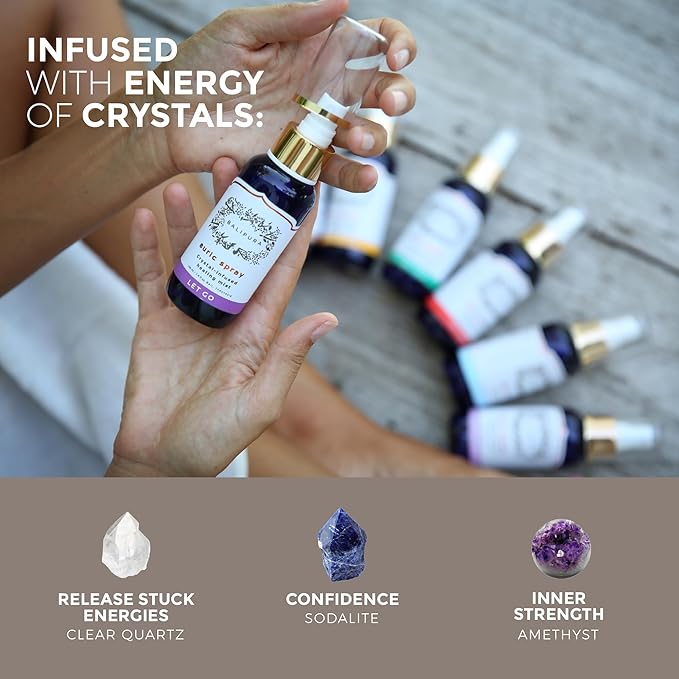 BALIPURA Let Go Aura Crystal Spray with Amethyst Sodalite Clear Quartz Palo Santo Crystals Pure Organic Cinnamon Grapefruit Handmade in Bali - 3.4 fl.oz