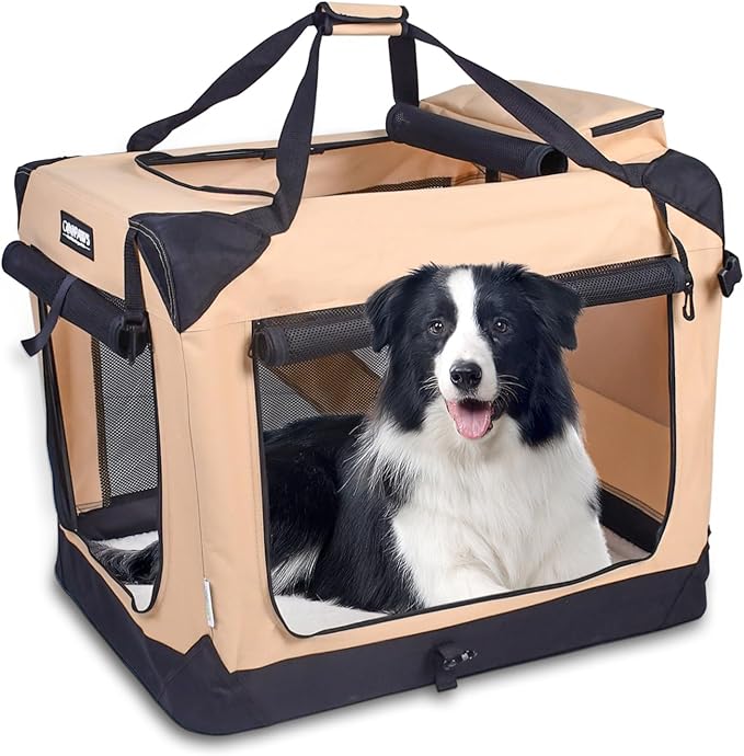 JESPET 36'' Soft Dog Crates Kennel for Pets, 3 Door Soft Sided Folding Travel Pet Carrier with Straps and Fleece Mat for Dogs, Cats, Rabbits, Grey Blue & Beige (36" L x 24" W x 27" H, Beige)