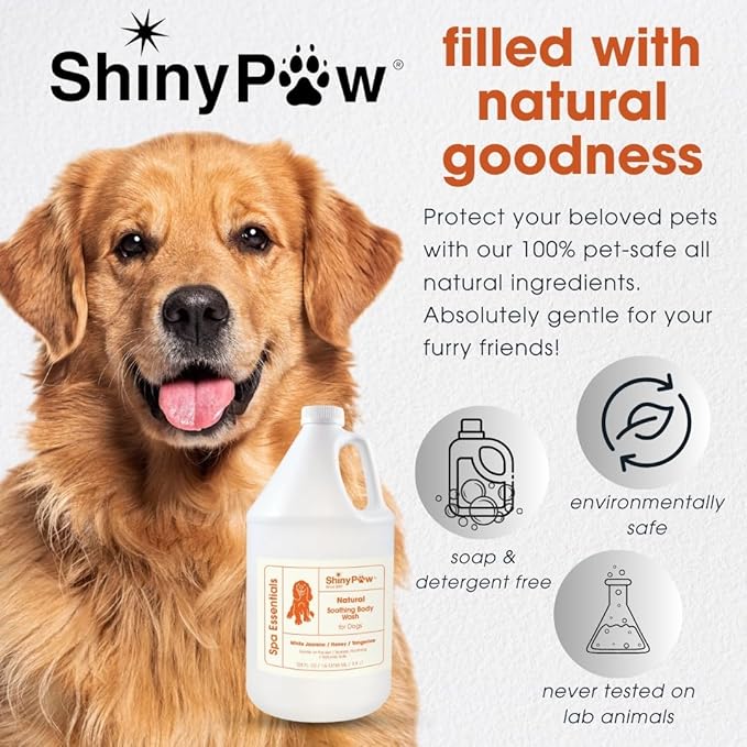 Jasmine & Honey Spa Body Wash for Dogs by Shiny Paw | Dog Itchy Skin Relief & Aging Coat | Hypoallergenic Dog Shampoo for Smelly Dogs | Made in USA (128 oz, White Jasmine, Honey & Tangerine)