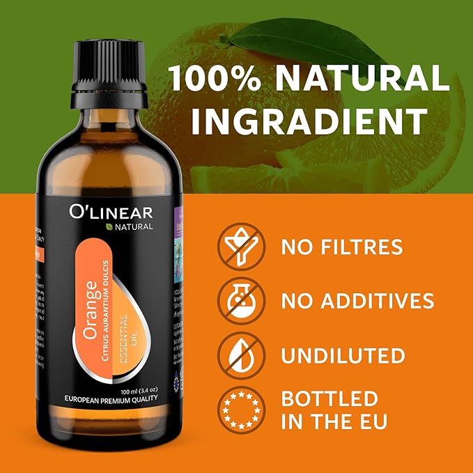 O'linear Pure Orange Essential Oil for Diffuser and Humidifier - Mood-Boosting 100% Fresh Summer Scents, Long-Lasting Sweet Orange Oil, Perfect for Essential Oil Necklaces and Air Fresheners 3.4 Fl Oz