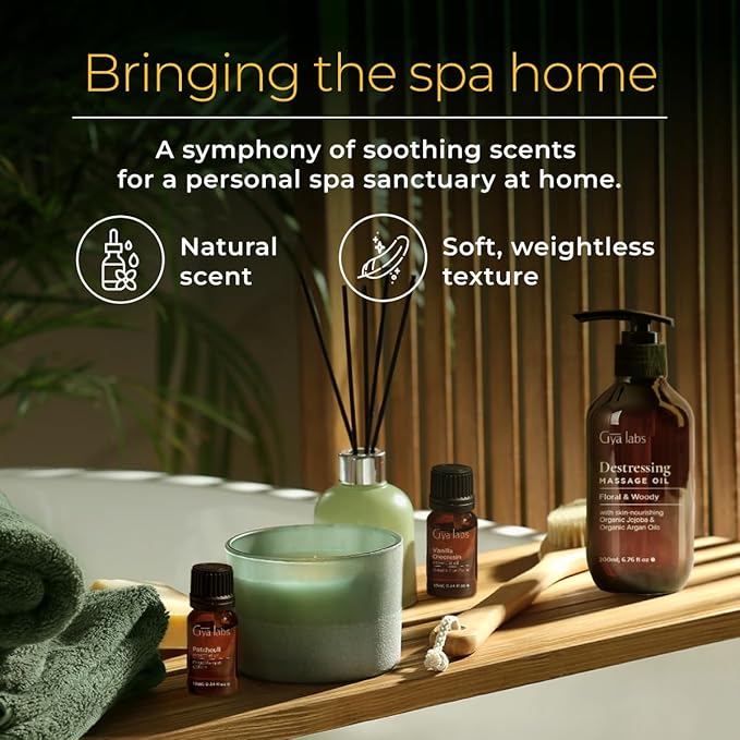 Gya Labs Home Spa Body Essential Oil Set - Natural Scents of Vanilla, Patchouli & DeStressing Massage Oil for Women (Set of 4) - Supercharge Your Skin & Body with Relaxation