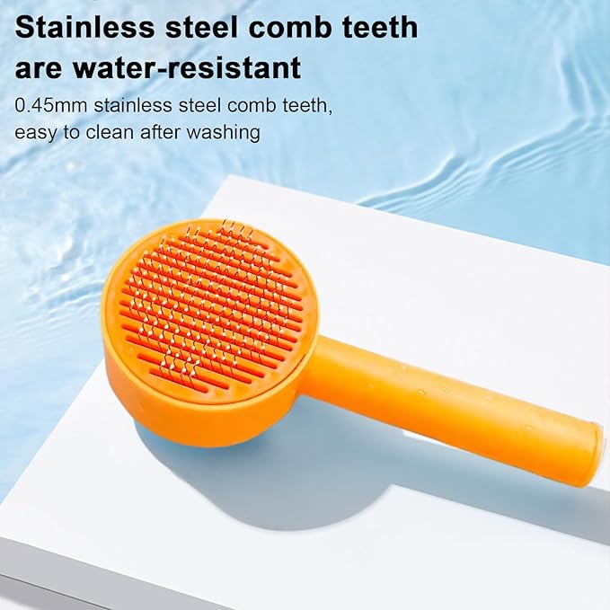 Self-Cleaning Pet Brush - Deep Massage Deshedding Comb with Resin Protective Tips, Curved Teeth, One-Button Hair Release - Washable, for Shedding & Long-Haired Dogs Cats