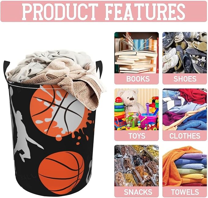 Basketball Sport Theme Laundry Hamper Bag With Waterproof Liner - Round Laundry Basket Foldable Clothes Storage Organizer For Bathroom Bedroom Nursery Dorm, S-16.5"X 13.8"