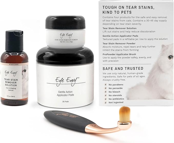 Eye Envy Cat Tear Stain Remover Starter Kit with ProPowder Brush. Stain Solution, Applicator Pads, Stain Powder, and Small Applicator Brush. Tear Stain Treatment Kit. Lasts 30-45 Days. Made in USA.