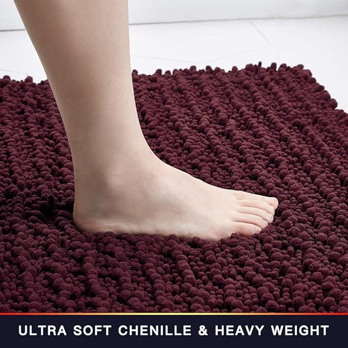 Walensee Large Bathroom Rug Non Slip Bath Mat (72x24 Inch Burgundy) Water Absorbent Super Soft Shaggy Chenille Machine Washable Dry Extra Thick Perfect Absorbant Best Plush Carpet for Shower Floor