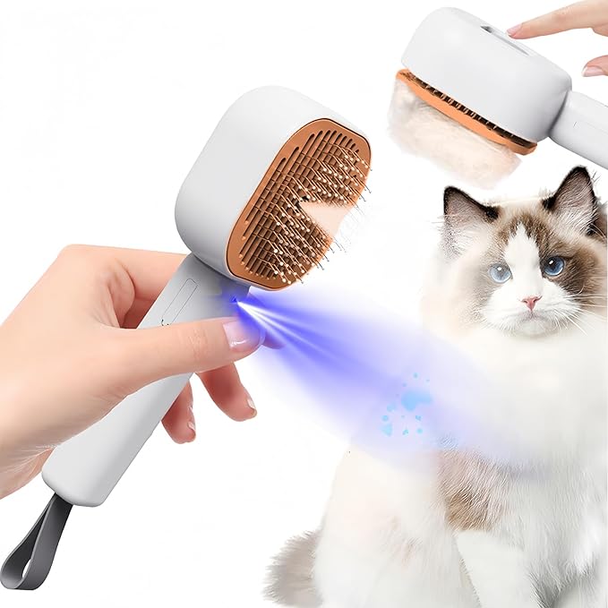 Pet Steam Brush for Cats, 4 in 1 Cat Brush for Long Haired Cats Kittens Dogs for Shedding Grooming Massage Self Cleaning (White Orange)