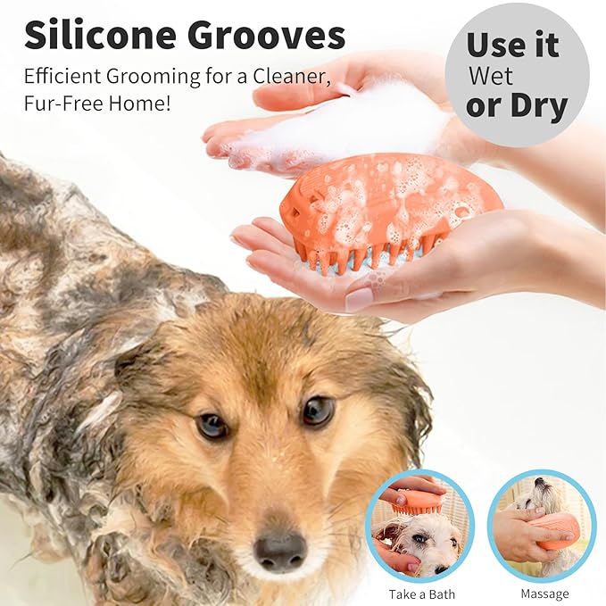 Bath Brushes for Pet Grooming & Massage,Rubber Scrubbing Brush for Dogs,Pet Silicone Shampoo Brush,Ideal for Long & Short Haired Dogs and Cats, Essential Puppy Accessory,Orange