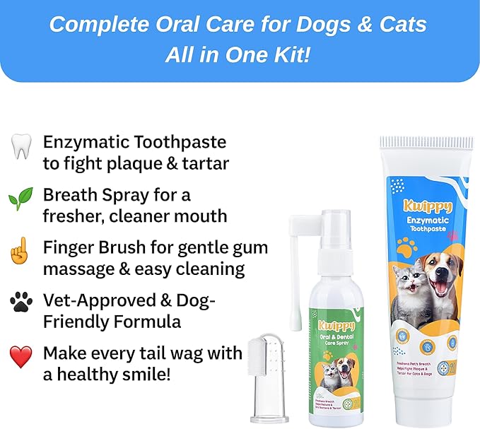 Dog Teeth Cleaning Toothpaste & Tooth Brushing Kit – Eliminate Plaque, Tartar & Bad Breath Mint Dog & Cat Breath Freshener Gel – Enzymatic Toothpaste + Finger Brush + Spray – Safe & Edible