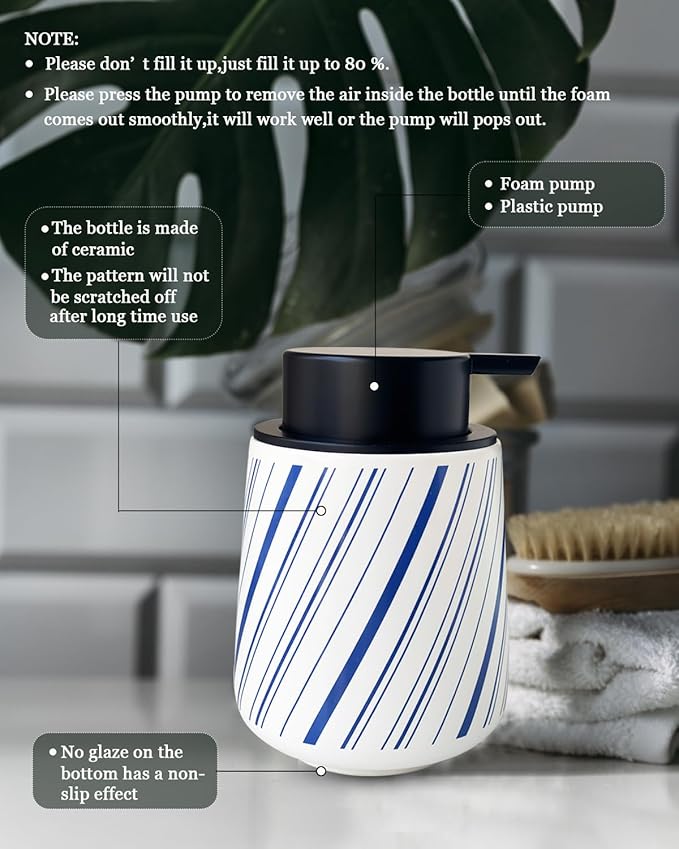 Chic Soap Dispenser Bathroom Ceramic Hand Foam Soap Dispenser for Bathroom Deco 12ounce Refillable Liquid Dispenser for Kitchen (Blue)