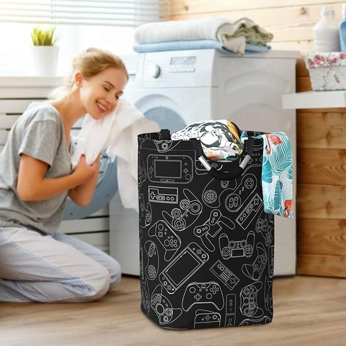 Video Game Controller Background Large Laundry Hamper Bag With Waterproof Liner - Gaming Gadgets Laundry Basket Foldable Clothes Storage Organizer For Bathroom Bedroom Nursery Dorm