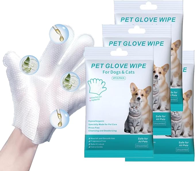 24PCS Unscented Extra Thick Pet Glove Wipes for Dogs & Cats, Dog Cat Washing Cleaning Gloves, Dog Grooming Bath Gloves for Daily Care and Traveling, Rinse Free