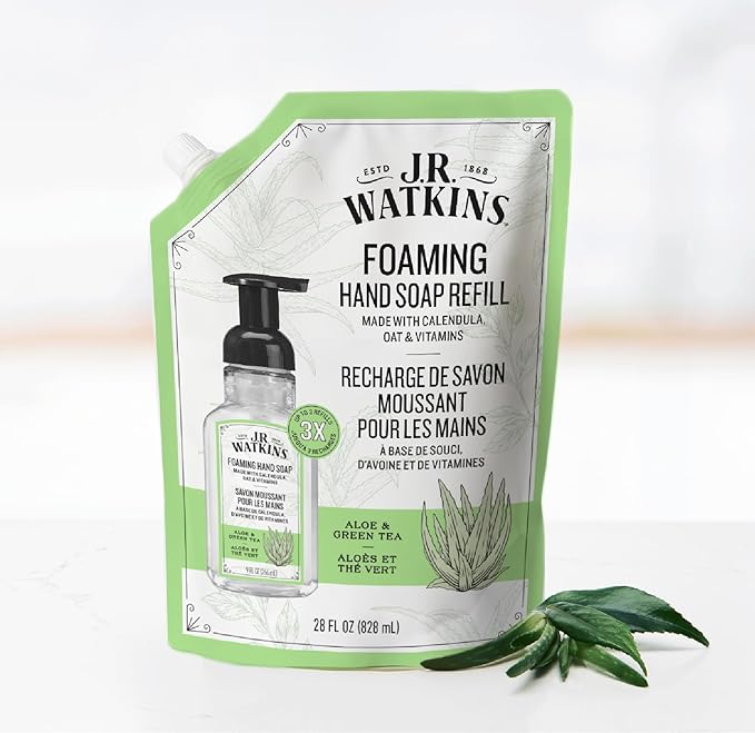 J.R. Watkins Foaming Hand Soap Refill, Moisturizing Foam Hand Wash, Formulated with Plant-Based Cleansers, Alcohol-Free, Cruelty-Free, Aloe & Green Tea, 28 fl oz, 2 Pack