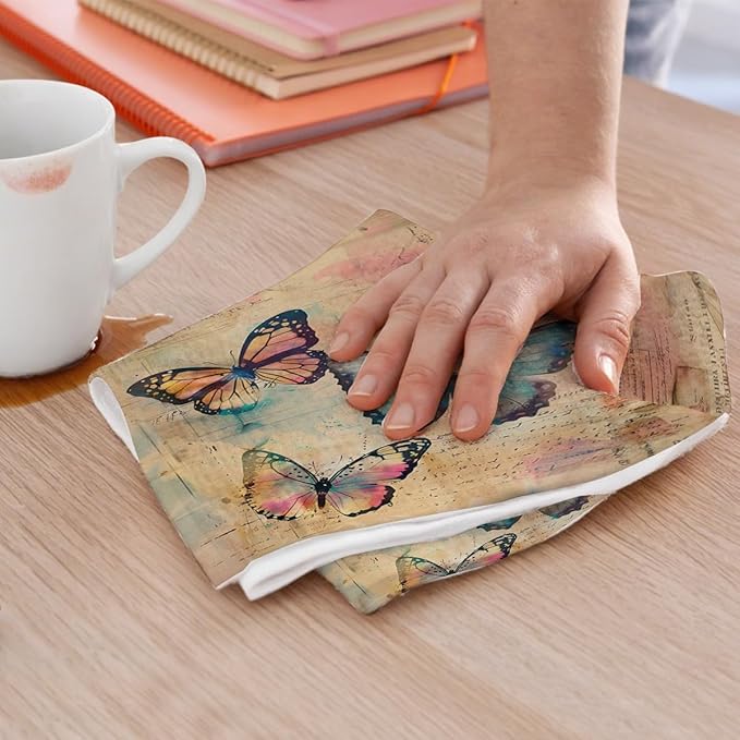 3 Pcs Vintage Butterfly Kitchen Towels, Rustic Decorative Absorbent Microfiber Dish Cloth Tea Towel, Artistic Waffle Soft Hand Towels for Farmhouse Home Bathroom, Butterfly Gifts