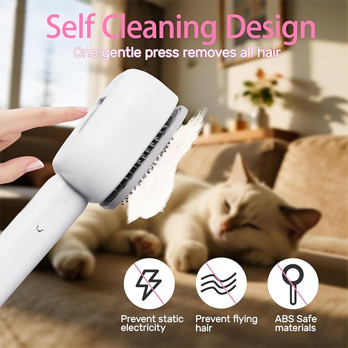 Pet Steam Brush for Cats, 4 in 1 Cat Brush for Long Haired Cats Kittens Dogs for Shedding Grooming Massage Self Cleaning (White Grey)