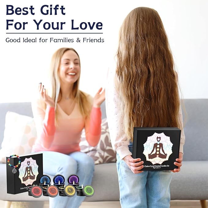 7 Chakra Crystal Candles with Healing Stones & Bracelets - Scented Meditation Candles for Stress Relief, Spiritual Decor, Yoga & Cleansing