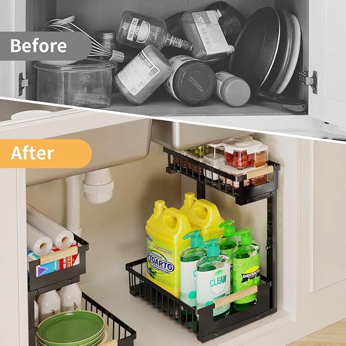 Under the Sink Organizer Kitchen , 2 Tier Large Pull Out Under Sink Organizer with Adjustable Height, Metal Under Cabinet Organizer and Storage for Counter Bathroom Vanity Laundry, Black 2 Packs