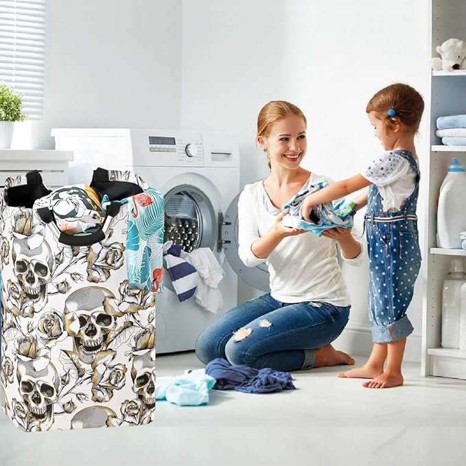 visesunny Gold Skull And Rose Floral Large Laundry Hamper with Handle Foldable Durable Clothes Hamper Laundry Bag Toy Bin for Bathroom, Bedroom, Dorm, Travel
