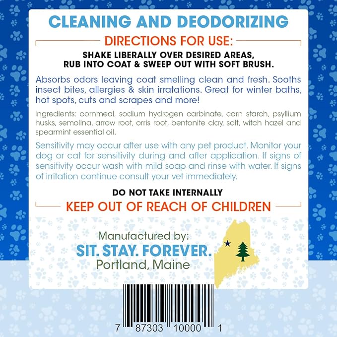 Sit. Stay. Forever. Dry Shampoo for Dogs & Cats – Organic Dry Bath Powder, Talco para Perros, Hypoallergenic, Odor Control for Smelly Dogs, No-Rinse, Anti-Itch, Safe & Natural, Made in The USA, 28 oz