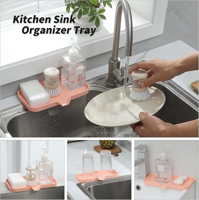 Silicone Bathroom Soap Dishes with Drain Spout-Bathroom and Kitchen Sink Organizer,Sponge Holder,Dish Soap Tray,Perfect for Dispenser,Scrubber,Bottle,Cup on Sink or Counter-Pink 9.6"×5.3"