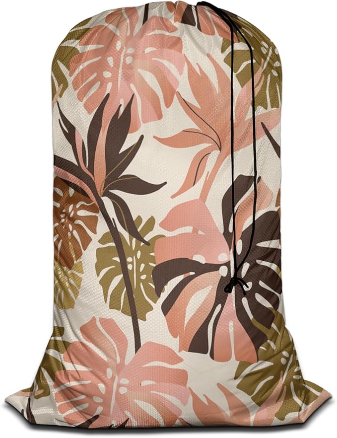 Swono Tropical Palm Leaves Laundry Bag with Drawstring Straps, Heavy Duty Extra Large Laundry Bags for Laundromat and Household, Exotic Flowers Summer Paradise Washable Travel Dirty Clothes Bag Hamper