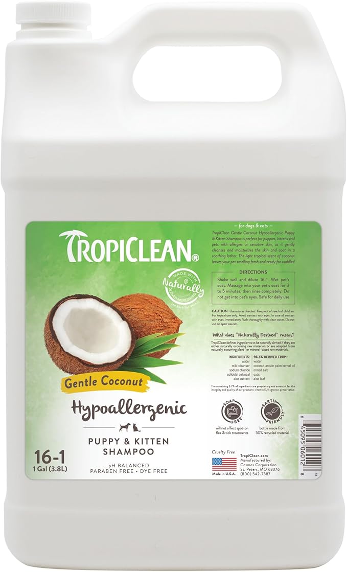 TropiClean Gentle Puppy Shampoo, Dog Shampoo for Allergies & Sensitive Skin, Professional Dog Shampoo, Made in USA, Gentle Coconut Scent, 1 Gallon