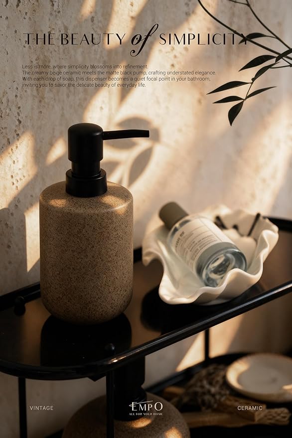 EMPO Stone-Textured Vintage Ceramic Dispenser, High-Color Rough Modern Zen Black ABS Press Bottle for Hand Soap, Shampoo, Conditioner for Bathroom and Kitchen (350ml/11.83oz)