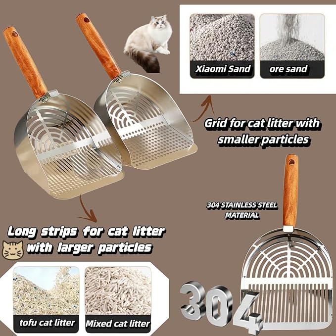 Heavy Duty Aluminum Alloy Cat Litter Scoop with Stand | Beech Wood Grip + Long Handle for Comfort | Deep Sifter for Fast, Efficient Poop/Litter Cleaning | Durable for Litter Box (Long Strip)
