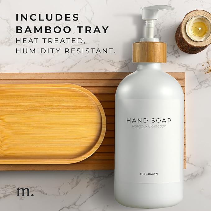 MaisoNovo Glass Soap Dispenser Bathroom Set | Hand Soap and Dish Soap Dispenser Set | 16.9oz White Bottles with White Bamboo Pump | Bathroom Lotion Dispenser with Pump Set of 2