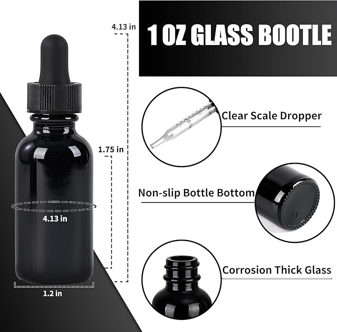 24 Pcs, 1oz Glass Dropper Bottle, Leakproof Tincture Bottles with Dropper, Black Reusable Eye Dropper Bottle for All Kinds of Liquids (Black,1oz-24pcs)