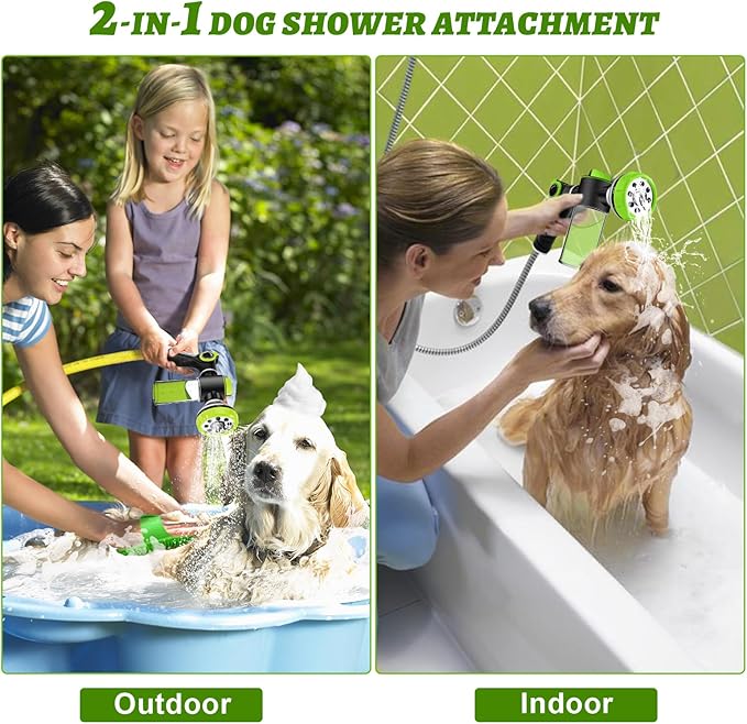 2-in-1 Dog Shower Attachment for Indoor Shower Hose & Outdoor Garden Hose, 8 Sprayer Modes Dog Wash Hose Attachment with Soap Dispenser, Ideal for Car Wash and Pet Shower(Hose Not Include)