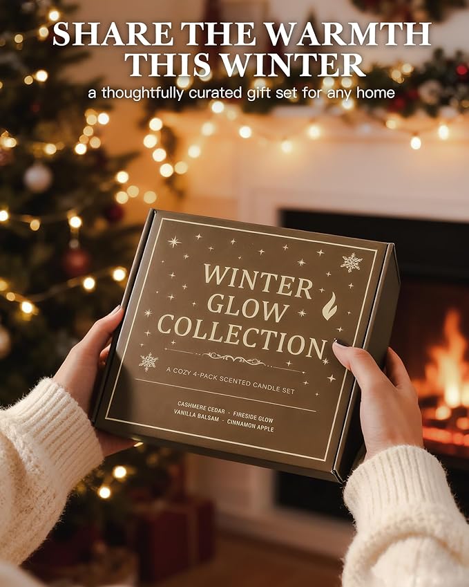 Christmas Candles Gift Set for Women - 4 Pack Scented Soy Candles with Cashmere Cedar, Fireside Glow, Cinnamon Apple & Vanilla Balsam, Long Lasting Holiday Winter Gifts for Home