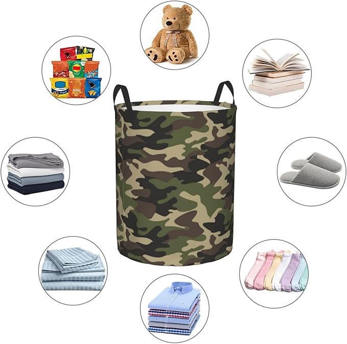 Green Camouflage Laundry Hamper Bag With Waterproof Liner - Military Camo Round Laundry Basket Foldable Clothes Storage Organizer For Bathroom Bedroom Nursery Dorm, S-16.5"X 13.8"