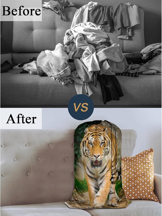 Swono Tiger Extra Heavy Duty Laundry Bag, Animal Portrait Jungle Mammal Feline Wildlife X-Large Dirty Clothes Drawstring Bag with Tear Resistant Fabric, Washable Laundry Liner for Hamper, Ideal for
