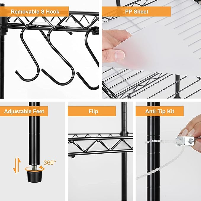 Best 4-Tier Wire Shelving - Black - Heavy Duty Shelf - Kitchen Storage Shelves, Wire Shelving Unit with Baskets Storage Rack Corner Shelf Shelving Adjustable Storage Shelf, 11.8" D x 15.7" W x 47" H
